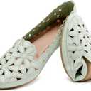 HEAWISH Women's Floral Ballet Flats for Women Black Beige Slip On Flowers PU Leather Round Toe Dress Shoes 8