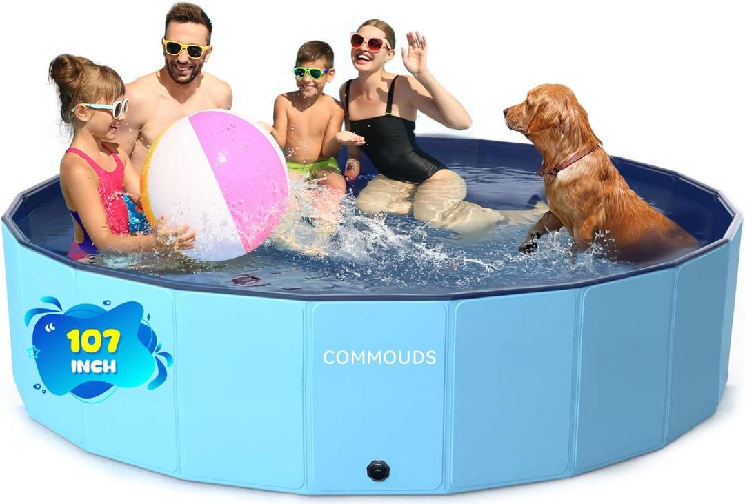 COMMOUDS 107 Inch Foldable Dog Pool, Extra Large Collapsible Hard Plastic Dog Kiddie Swimming Pool, Portable Pet Bath Tub Wading Pools for Kids and Puppy Small Medium Large Dogs (Blue)