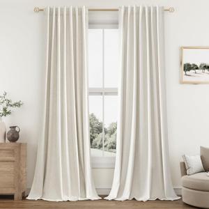 Cream 100% Blackout Linen Curtains 86 Inch Length 2 Panels Set for Living Room Bedroom Back Tab Thermal Insulated Black Out Drapes Room Darkening Farmhouse Style for Bedroom Window Curtains 52x86