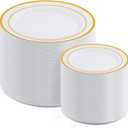 AOZITA 200PCS Gold Plastic Plates Set, Heavy Duty Disposable Plates for Party & Wedding, Includes 100 Dinner Plates and 100 Dessert Salad Plates, Elegant White with Gold Rim Dinnerware