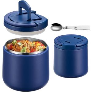 20oz Insulated Vacuum Food Jar with Buckle Lid, Soup Thermo for Hot Food Kids, Wide Mouth Leakproof Stainless Steel Lunch Container with Spoon-Blue