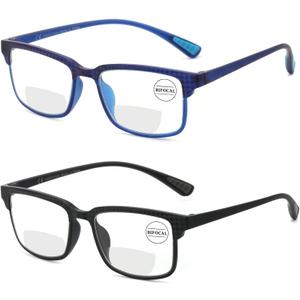 CARA 2 Pack Premium Bifocal Reading Glasses for Men, Super Light TR90 Frame Women Small Line Computer Eyeglasses, Far and Near Dual-use Readers Black Blue 1.5x