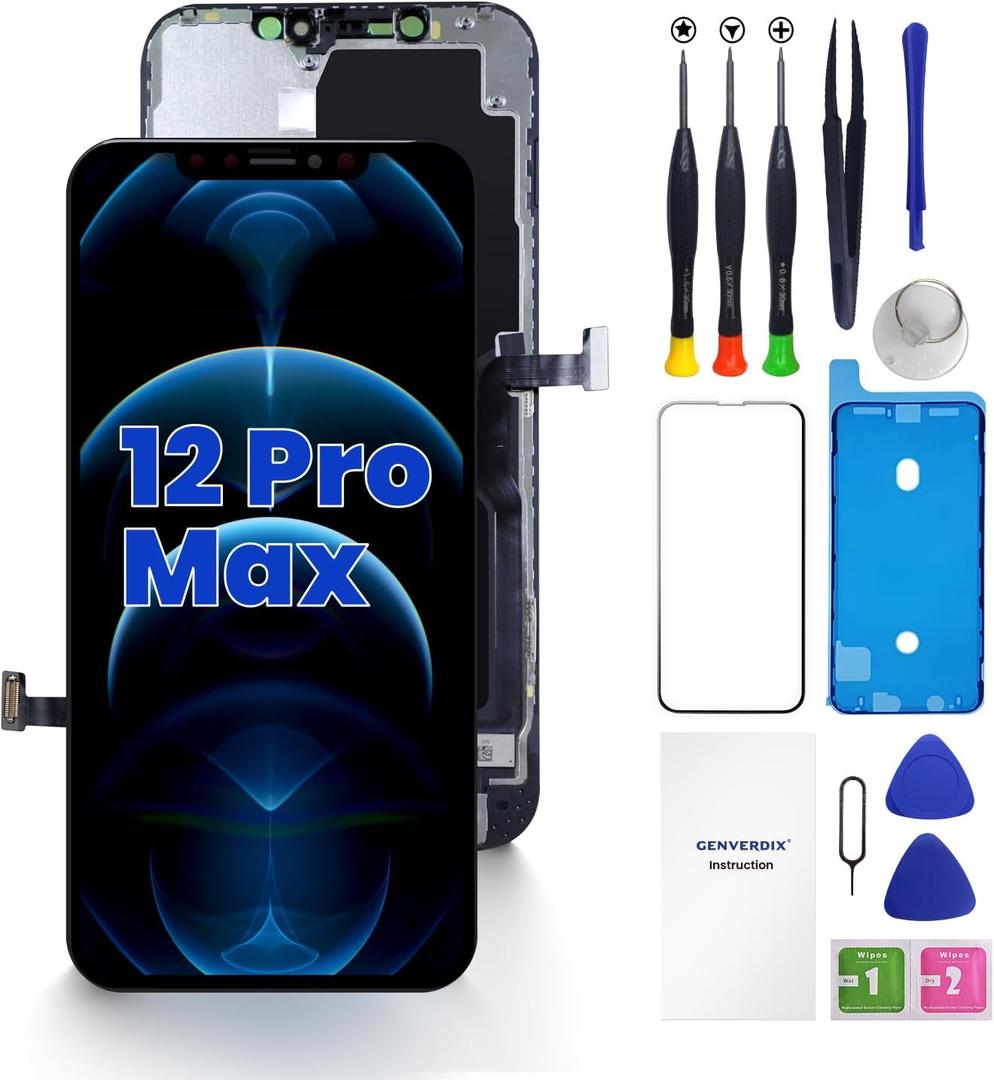 for iPhone 12 Pro Max Screen Replacement, 6.7 inch 3D Touch LCD Display Full HD Repair kit Genverdix, Digitizer Assembly with Tools Set, Tempered Glass Screen Protector, Waterproof Frame Adhesive
