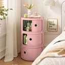 3 Tier Round Nightstand with Drawers, Pink Round Side Table Small Plastic Storage End Table Suitable for Bedroom, Living Room, Bathroom, 22.8IN