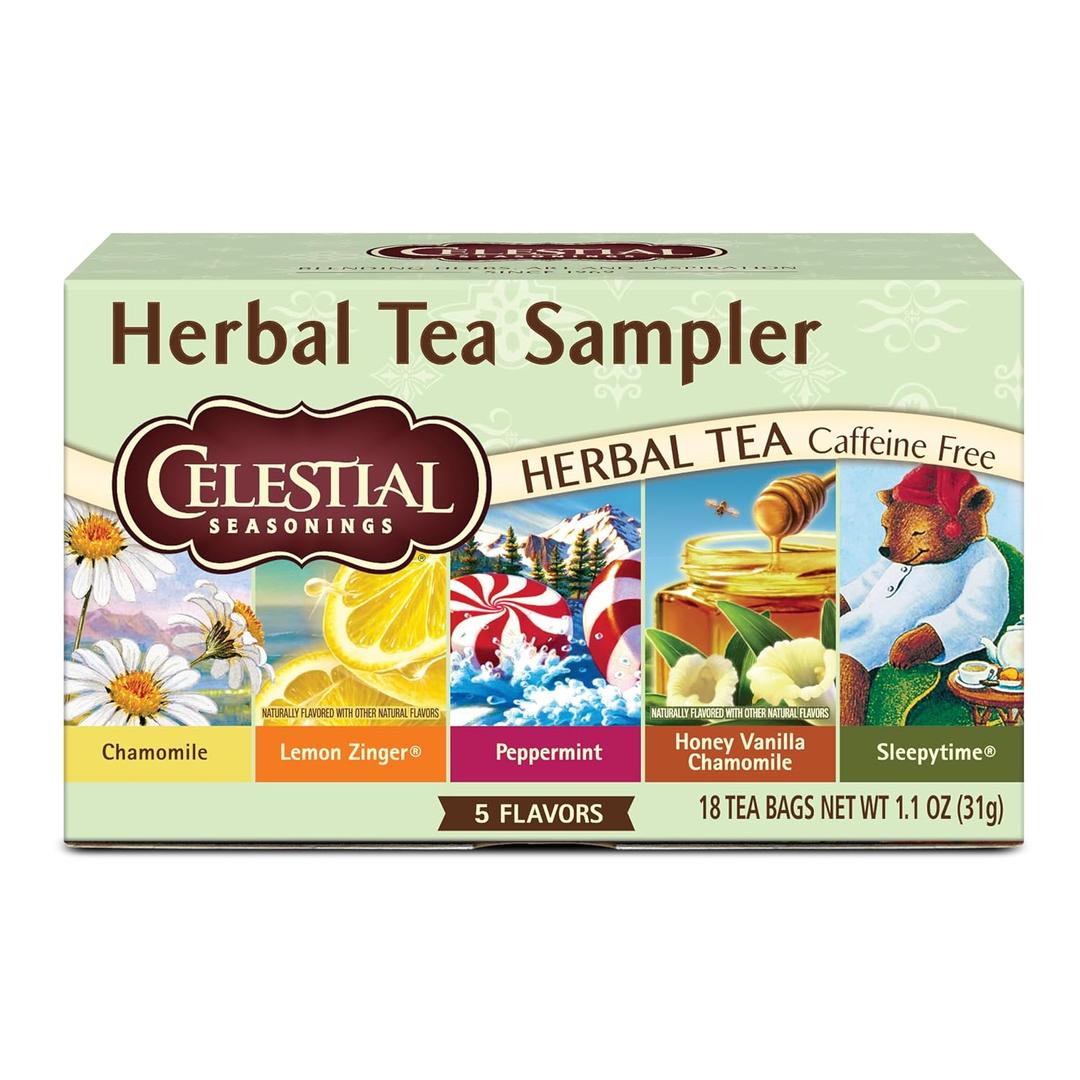 6 x Celestial Seasonings Herbal Tea Sampler Variety Pack, Caffeine Free, 18 Tea Bags Box (EXP 05/01/28)