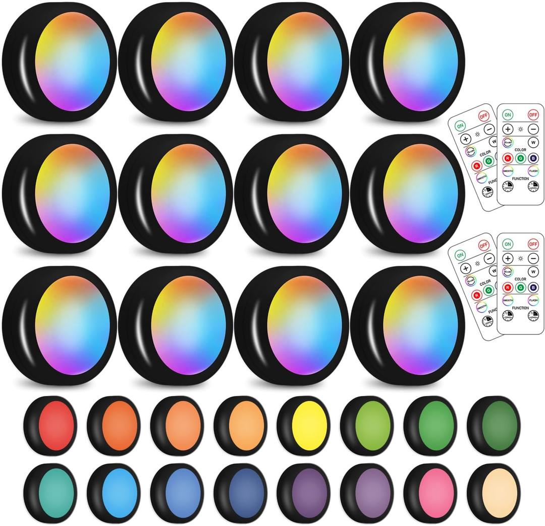 Wireless 16 Color Changing LED Puck Light 12 Pack LED Under Cabinet Lighting Closet Light Battery Powered Night Lights with Remote Control Dimmer & Timing Function
