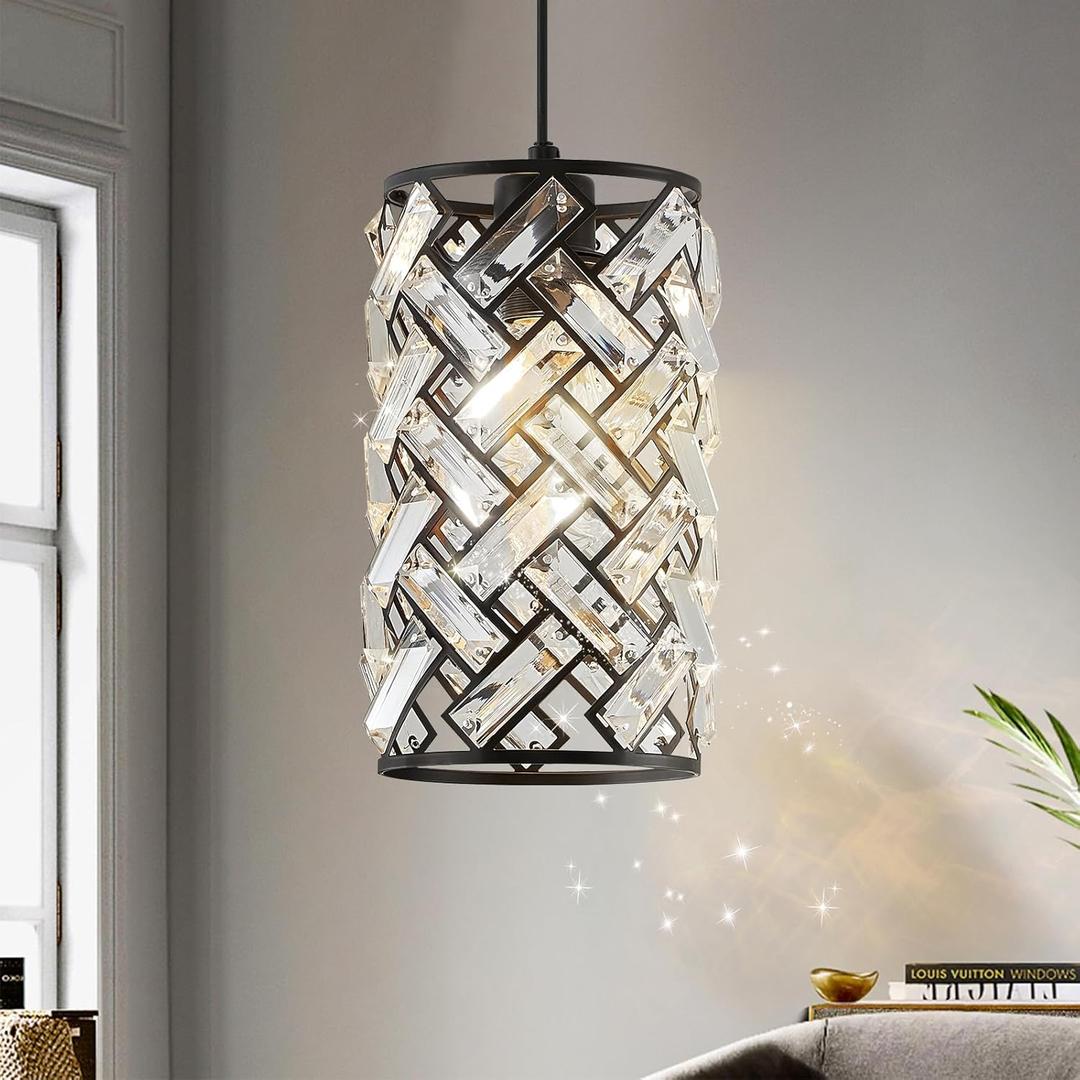 CATINER 3-Light Modern Gold Crystal Pendant Light Luxury Mini Chandelier, Adjustable Cluster Pendant Lighting for Kitchen Island Dinning Room Bedroom Hallway Porch Black Round 1-Light