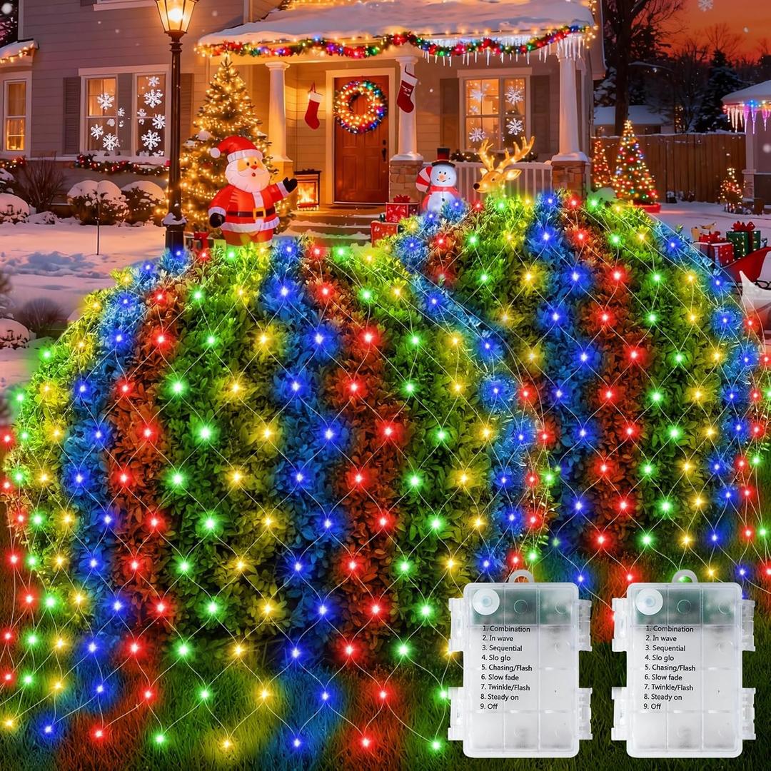 Hezbjiti Pack of 2 Battery Operated Christmas Net Lights Outdoor Total 200 LED 5FT x 3.3FT Waterproof Timed Memory Mesh Lights for Xmas Trees Bushes Garden Yard Lawn Patio Christmas Decor (Multicolor)