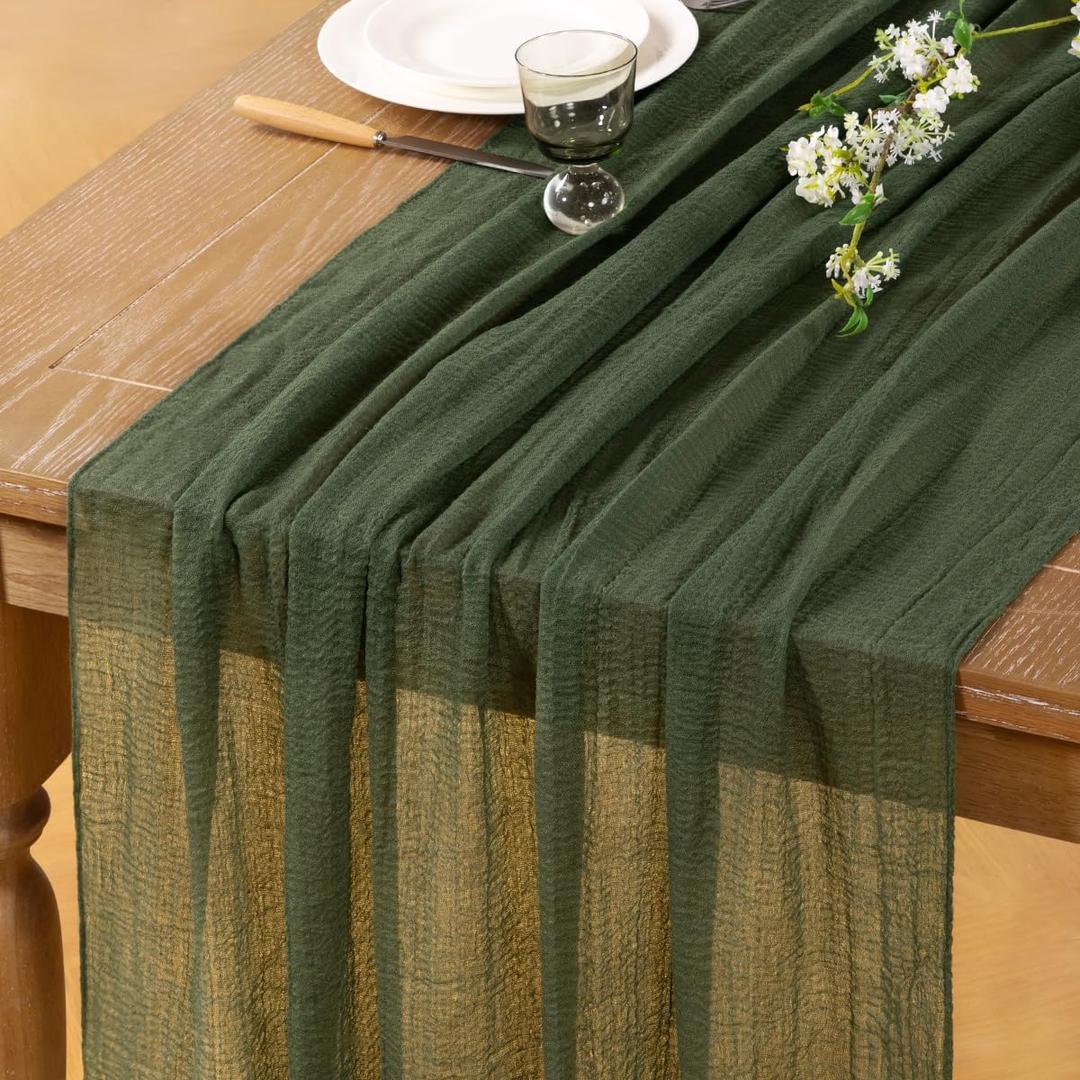 Olive Green Cheesecloth Table Runner 4 Pack Fall Thanksgiving Table Runners 120 inches Boho Gauze Olive Cheese Cloths for Rustic Wedding Bridal Baby Shower Decor Party Fall Table Centerpiece