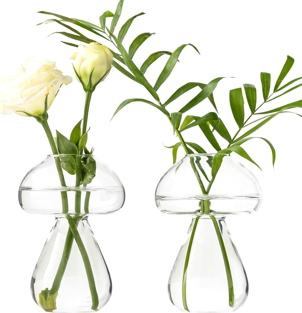 Mushroom Glass Planter, Plant Propagation Station, Cute Mushroom Vase, Clear Glass Terrarium Jar Propagation Vase for Indoor Plants Home Decor, Gifts for Plant Lovers (2)