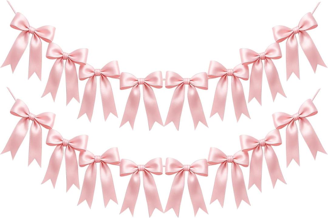 2 Strings of 16PCS Pink Bow Garlands Banner Decoration,Pre-Strung Satin Ribbon Ornaments for Birthday,Bachelorette Party,Bridal Shower, Wedding,Engagement,Baby Shower, Graduation Deco,Anniversary