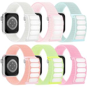 6 Pack Sport Nylon Loop Band Compatible with Apple Watch Bands 38/40/41mm/42mm for Women Men, Adjustable Breathable Braided Straps for iWatch Series 10 (Bright Pink/Bright White/Bright Orange/Bright Green/ Light Pink/Light Cyan)