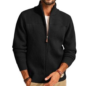 PJ PAUL JONES Cardigan for Men Full Zip Knitted Long Sleeve Sweaters Ribbed Textured Stand Collar Knitted Cardigan Black L
