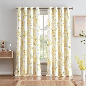 Melodieux Floral Curtains 84 Inches Long for Living Room, Farmhouse Yellow Apricot Flower Print White Decorative Grommet Drapes, 52x84 Inch, 2 Panels
