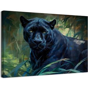 Black Panther Wall Art for Living Room Black Leopard Cheetah Canvas Prints Green Rainforest Animals Wall Decor Jungle Wildlife Pictures Rustic Hunting Cabin Decor for Bedroom Office Decorations 12x16" (16L" x 12W")