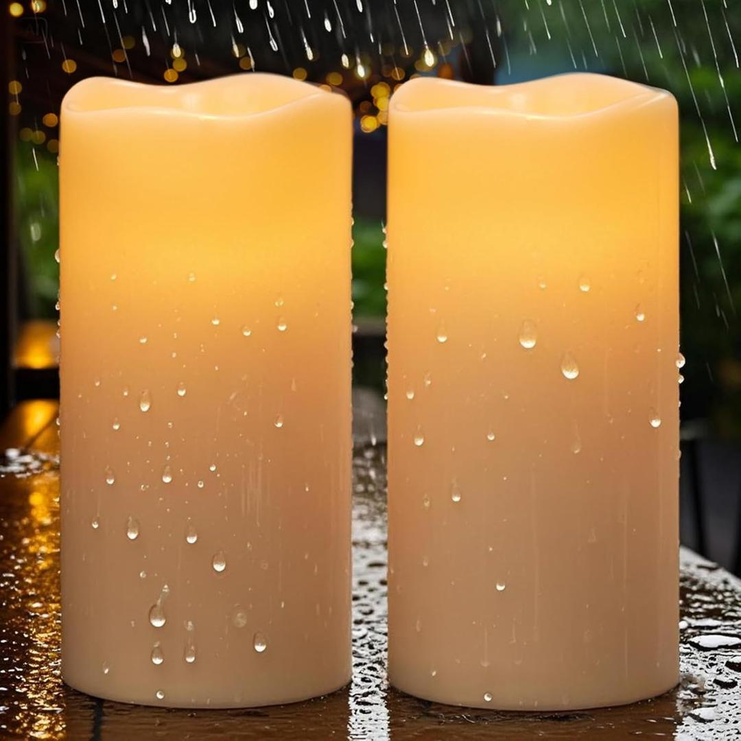 Eldnacele Solar Flameless Flickering Candles Outdoor Waterproof, Solar Powered Dusk to Dawn Plastic LED Pillar Candles Garden Camping Lanterns Wedding Holiday Decor (2Pcs,4" D8" H)