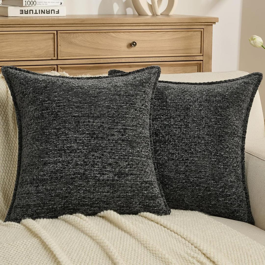 FUTEI Pack of 2 Solid Chenille Throw Pillow Covers 18x18 Inch Soft Grainy Textured Decorative Cushion Cases Modern Farmhouse Accent for Couch Bed Living Room, Black
