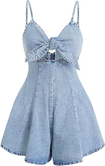 OYOANGLE Women's Vintage Bowknot Spaghetti Strap Denim Romper Sleeveless Wide Leg Jean Short Jumpsuits (Medium)