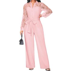 Elegant Jumpsuit for Women Dressy Sexy Lace Puff Sleeve Wide Leg Pant Suit One Piece Formal Outfits (Pink, M)