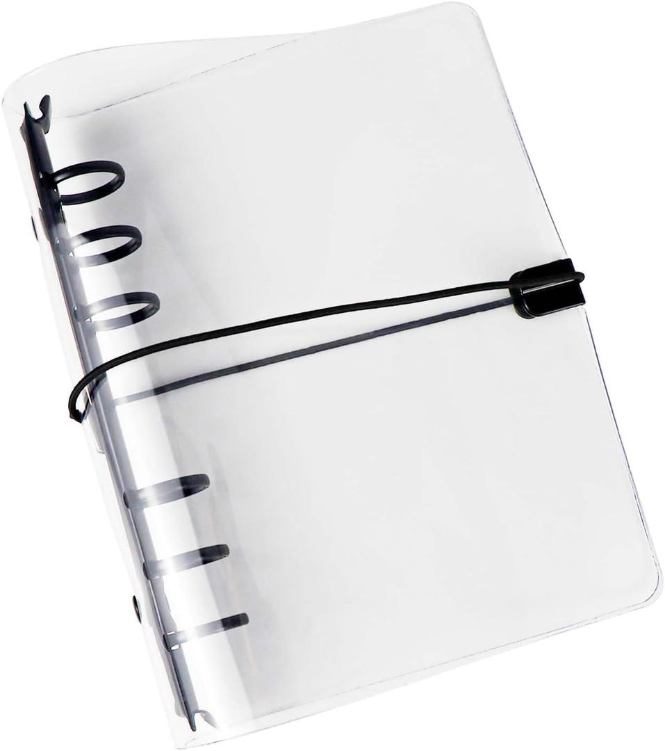 Clear A6 Binder with Elastic Band 1.8mm Thick PVC Notebook Cover 6 Black 20mm Diameter Round Rings Budget Binder Planner Cover Journal Folder Organizer for A6 Binder Pockets Paper Refills