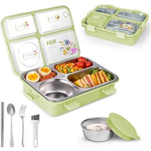 Stainless Steel Adult Lunch Box, 28.7oz 4-Compartment Metal Bento Box Kids Snack Containers with 5oz Soup/Condiment Cup, Food Storage Containers with Utensils and Cleaning Brush Set - Green