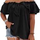 MakeMeChic Women's Plus Size Off Shoulder Top Tie Front Layered Ruffle Short Sleeve Blouse Top (XX-Large Plus, Black)