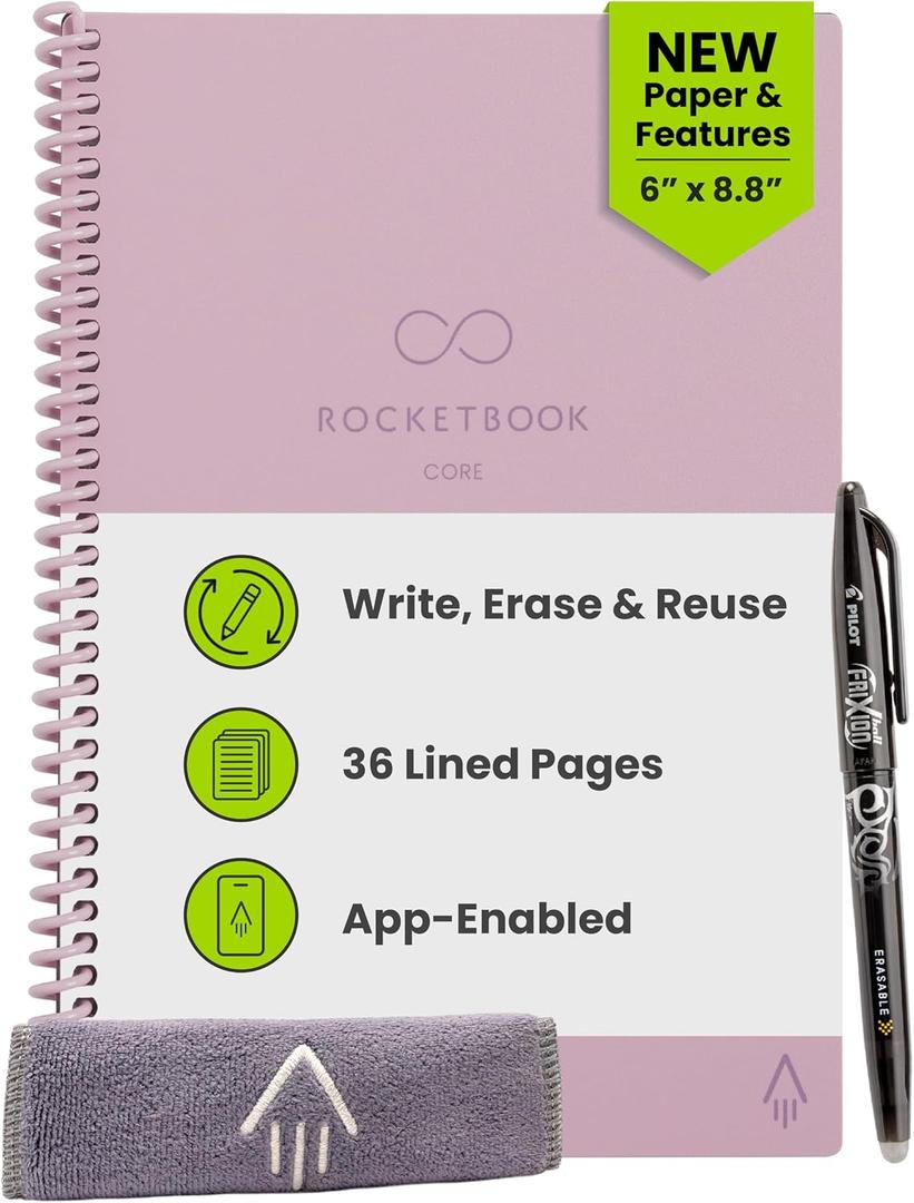 Rocketbook Core Reusable Smart Notebook, Lined Pages For School, Work and Creative Projects, Executive Size 6x8.8, Pink- Premium