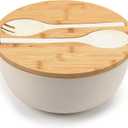 ShineMe Large Salad Bowl with Lid, Bamboo Fiber Salad Serving Bowl Set with Utensils, 9.8inches Mixing Bowl with Servers, Solid Bamboo Wooden Bowl for Candy, Salad, Fruits, Vegetables and Pasta(White)