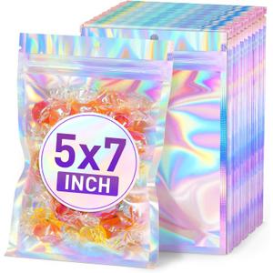 ANZNKU Holographic Bags 5x7 Mylar Bags Resealable 50PCS, Packaging Bag Smell Proof Pouches Baggies for Snack Candy Jewelry Freshie Party Favor Goodie for Mom, Small Plastic Gift Bag for Small Business