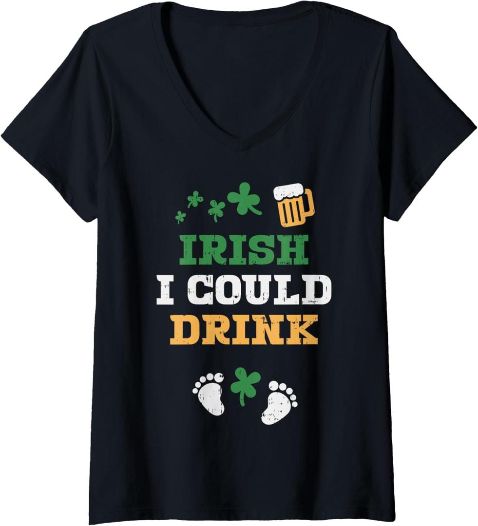 Womens Irish I Could Drink Pregnancy Announcement St Patricks Day V-Neck T-Shirt (Small, Black)