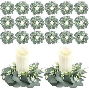 20 Pcs Artificial Eucalyptus Candle Rings, Boho Wedding Candle Holder Wreaths with Green Leaves, Decorative Pillar Candle Rings for Centerpieces and Home Decor