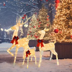Outdoor Christmas Deer Decor 3-Piece Set, 5 FT Large Reindeer Family (Buck/Doe/Fawn) with 210 Warm White LEDs, Cotton Twine & Iron, Weatherproof Holiday Lights for Yard, Garden, Party, White