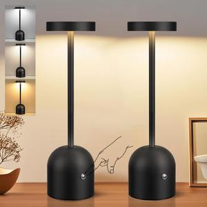 2 Pack Cordless Table Lamps, 5000mAh Rechargeable Battery Operated Outdoor Lamp, 3 Color Stepless Dimming LED Desk Table Light for Dining, Bedroom, Patio, Restaurant, Bar, Cafe(Black)