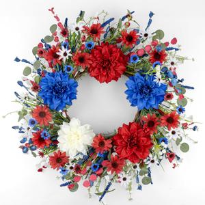 J'FLORU 4th of July Wreath 22 Inch Red White Blue Flower Wreath Patriotic Wreaths for Front Door with Red White Blue Peony Daisy Flowers for July Fourth Memorial Day Flay Day Decor