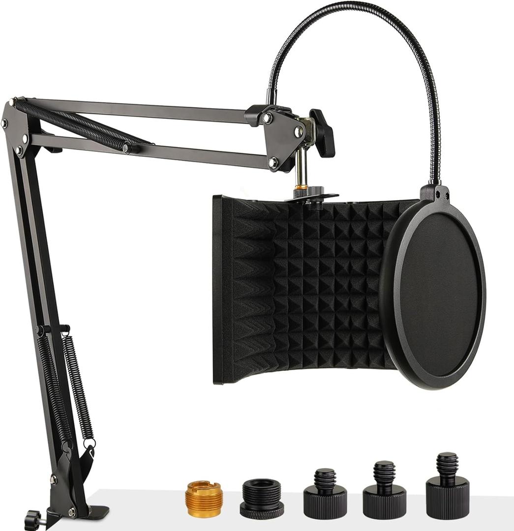 Microphone Isolation Shield with Mic Stand and Pop Filter, Foldable Sound Shield for Most Condenser Microphone Recording Equipment Studio, High Density Absorbent Foam to Filter Vocal by Frgyee (Acoustic Foam_Set)