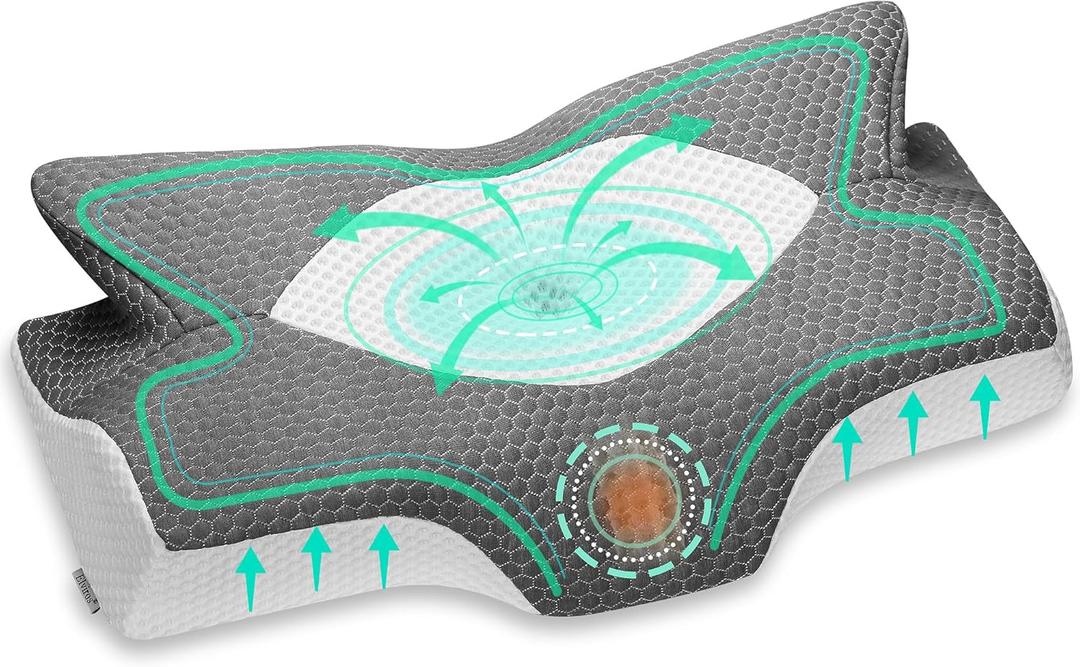 Elviros - Almohada cervical de espuma viscoelstica, moldeada para el dolor de cuello y hombros, ergonmica y ortopdica, con soporte de contorno para dormir de lado, boca arriba y boca abajo (Gris Oscuro)