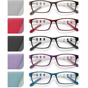JOLISU Reading Glasses for Women: 5 Pack Blue Light Blocking Readers for Small Face, Lightweight Spring Hinge Anti-Glare (Brown+Red+Black+Purple+Blue)