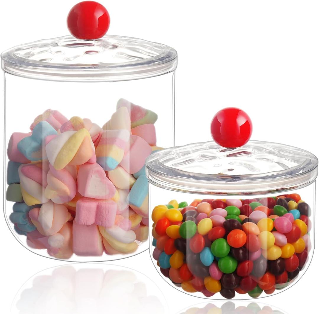 2 Pack Candy Jars with Lids - 47 & 30 OZ Clear Plastic Cookie Storage Containers Airtight Apothecary Canisters for Kitchen Home Decorative Pantry Office Party Organize Sugar Tea Coffee Snacks