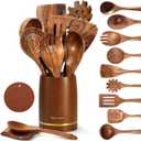 Spardar Wooden Kitchen Utensils, 12 Piece Set Wooden Spoon Set with 9 Teak Wood Cooking Spoons, Spoon Rest, Pot Holde, 3.3 Inch Utensil Holder, as Kitchen Decoration and Housewarming Gift