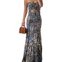 CHICME Floral Printed Vacation Dress Halter Tie Ruched Shirred Bandeau Party Dress Slim Ruffle Hem Wedding Guest Dress, Size XL