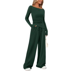 PRETTYGARDEN Women's 2 Piece Lounge Sets Asymmetrical Long Sleeve T Shirt Wide Leg Pants Casual Outfits Tracksuit (Large, Dark Green)