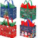 YANGTE 12 Pack 13" Large Christmas Gift Bags with Tissue Paper, Reusable Non-Woven Christmas Bag with Handles for Presents Wrapping, Shopping Xmas Party Supplies