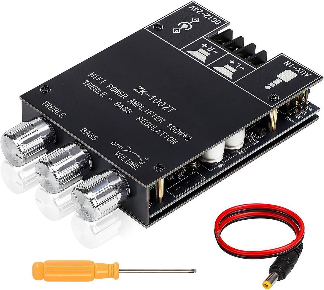 ZK-1002T Bluetooth 5.0 Stereo Amplifier Board, 200W HiFi 2.0 Channel Mini Audio Amp Module with Treble & Bass Control, AUX Input, DC 12V-24V for DIY Speakers,Home Audio