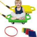 2 Plastic Scooter Boards with Handles for Kids Sitting and Sports Training, with 1 Ring, 2 Ropes and 4 Beanbags, Indoor and Outdoor Play (Yellow & Green)