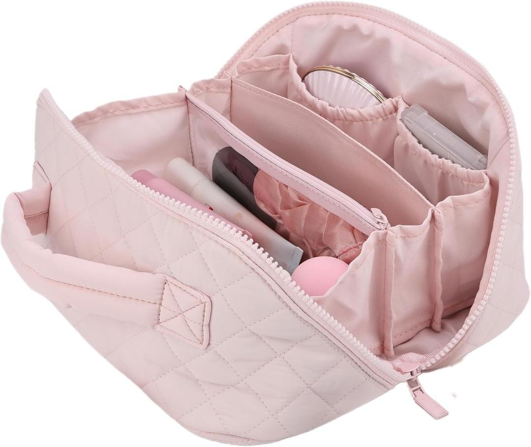 Travel Makeup Bag for Women, 2Pcs Large Capacity 180 Lay-Flat Toiletry Organizer with Brush Compartment, Waterproof Quilted Cosmetic Bag with Multiple Pockets for Travel, Vacation, Business Trip