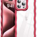 SKYLMW Compatible with iPhone 15 Pro Max Case, Kawaii Cute Curly Wave Frame Luxury Plating Edge, Stylish Glossy Clear Back, Soft TPU Shockproof Protective Cases for iPhone 15 Pro Max, Red