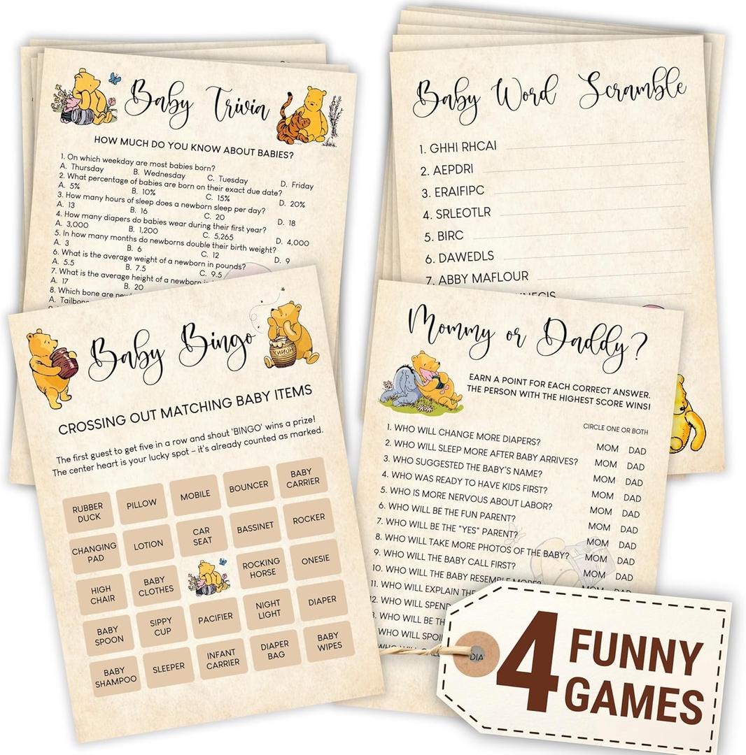 Winnie Baby Shower Games Boy - Pooh Baby Shower Bingo Cards for 25 Guests, Word Scramble Favors, Guess Who Mommy Or Daddy Game Ideas for Party Decorations