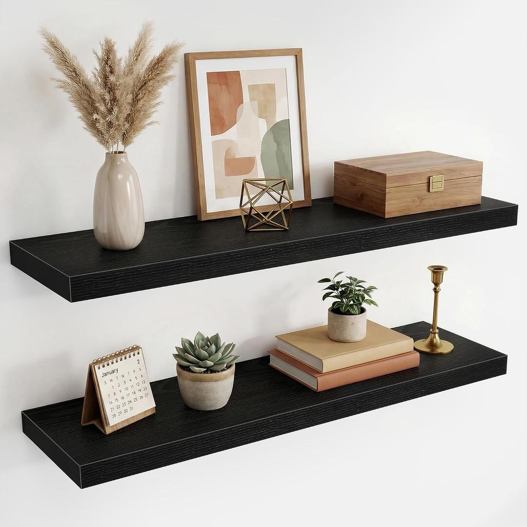 36 Inch Black Floating Shelves for Wall,9.3" Deep Long Floating Shelf Set of 2,Wood Wall Mounted Shelves Farmhouse Home Decor,Wall Storage Shelf for Bathroom Bedroom Living Room Kitchen Office,Black