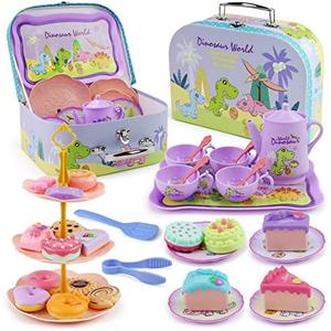 Motiloo 41 Pcs Dinosaurs Kids Tea Party Set with Carrying Case & Sweet Treats Playset - Pretend Toy Tin Tea Set for Little Girls - Princess Tea Time Pretend Play Tea Set Toys