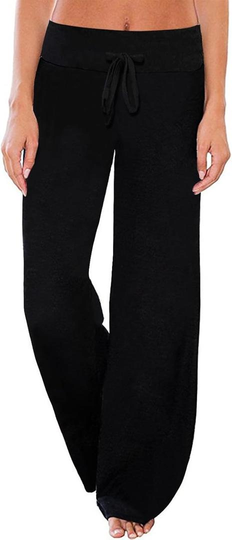 AMiERY Women's Comfy Casual Pajama Pants Floral Print Drawstring Palazzo Lounge Pants Wide Leg (Medium, Black 00)